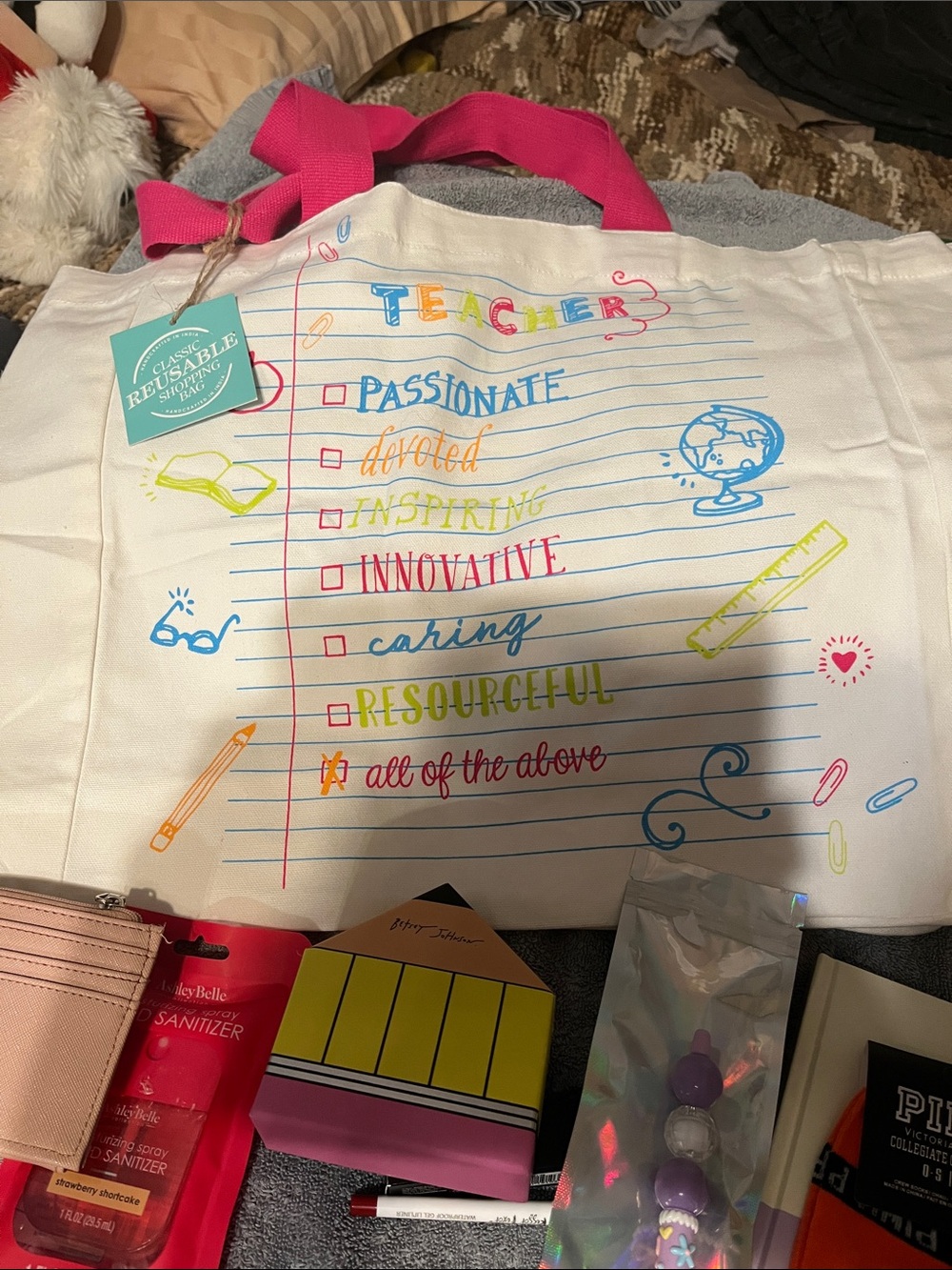 NWT Teacher Reusable Tote Bag with Colorful Script and Pink Handles plus 9 gifts - Picture 16 of 16